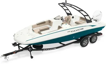 Blue and white TAHOE 2150 deck boat on trailer with wakeboard tower