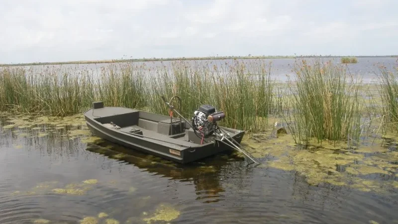 go-devil-2-1 A small, olive-drab Go-Devil boat with a long-tail mud motor, floating in a marshy or swampy area with tall grass and algae.
