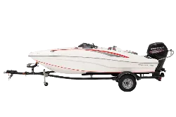 White boat with red and gray lines along its sides, motor mercury and black tires